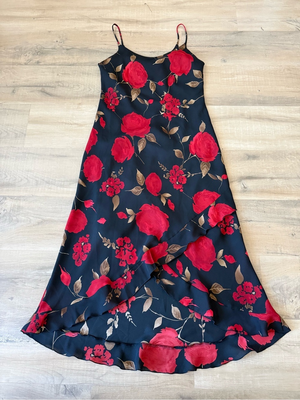 Vintage 90s Black / Red Floral Ruffle Midi Slip Dress - Medium - Picture 2 of 4